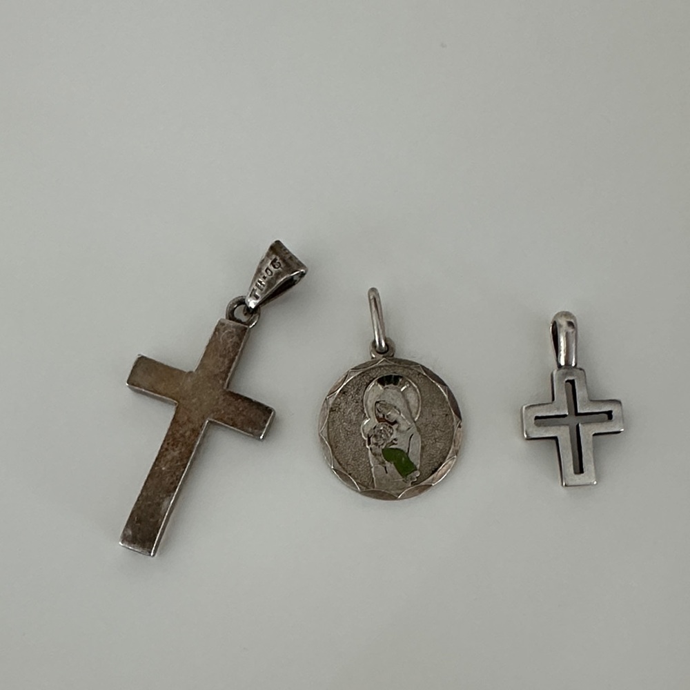 Sterling Cross & Madonna Medal Trio Pendant Set - Silver